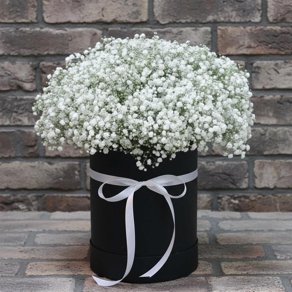 Цветочная композиция из Гипсофила в шляпной коробке в Олонце