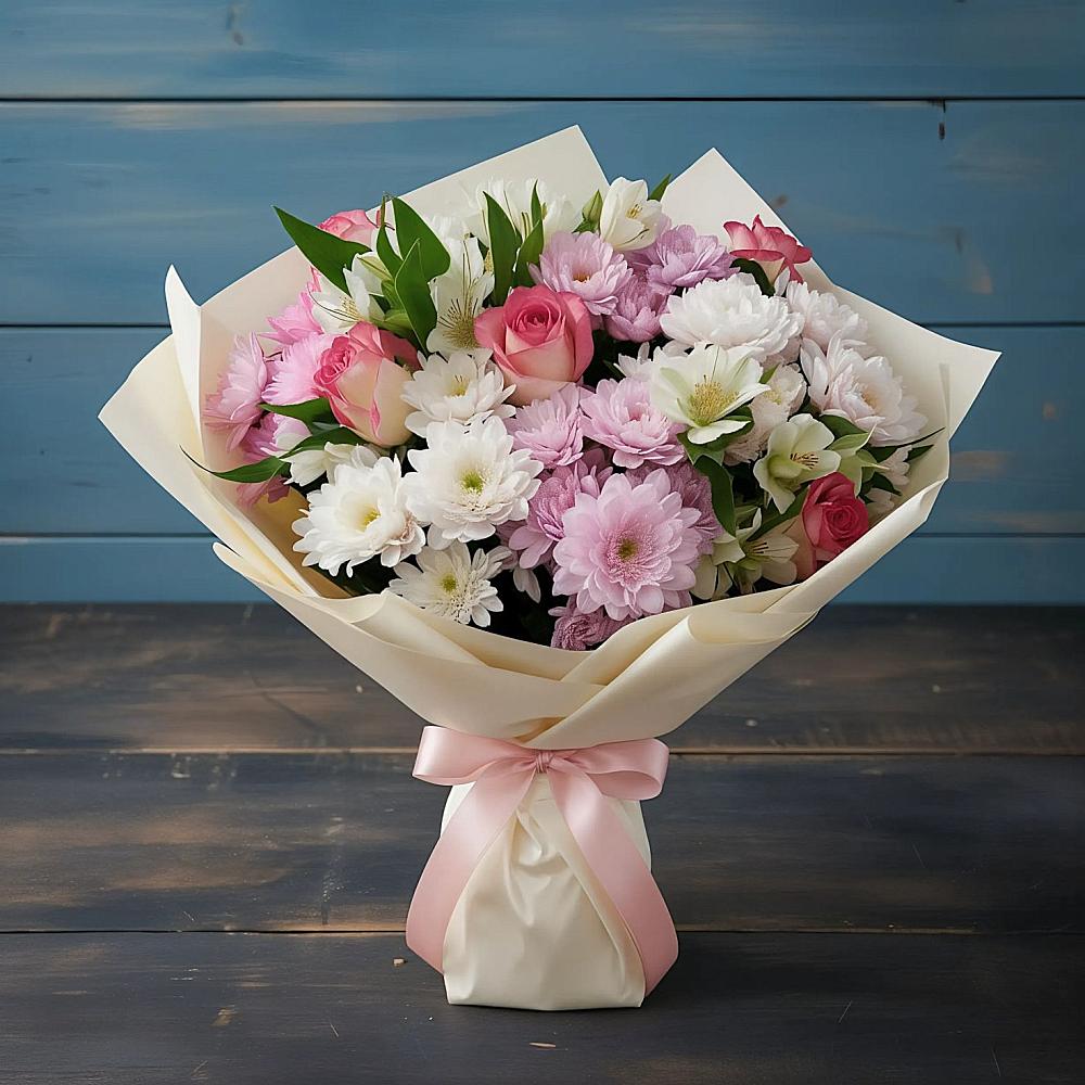 Букет цветов из: Хризантемы, Альстромерии и Розы в Олонце